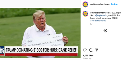 Donald Trump donating $1,300 check